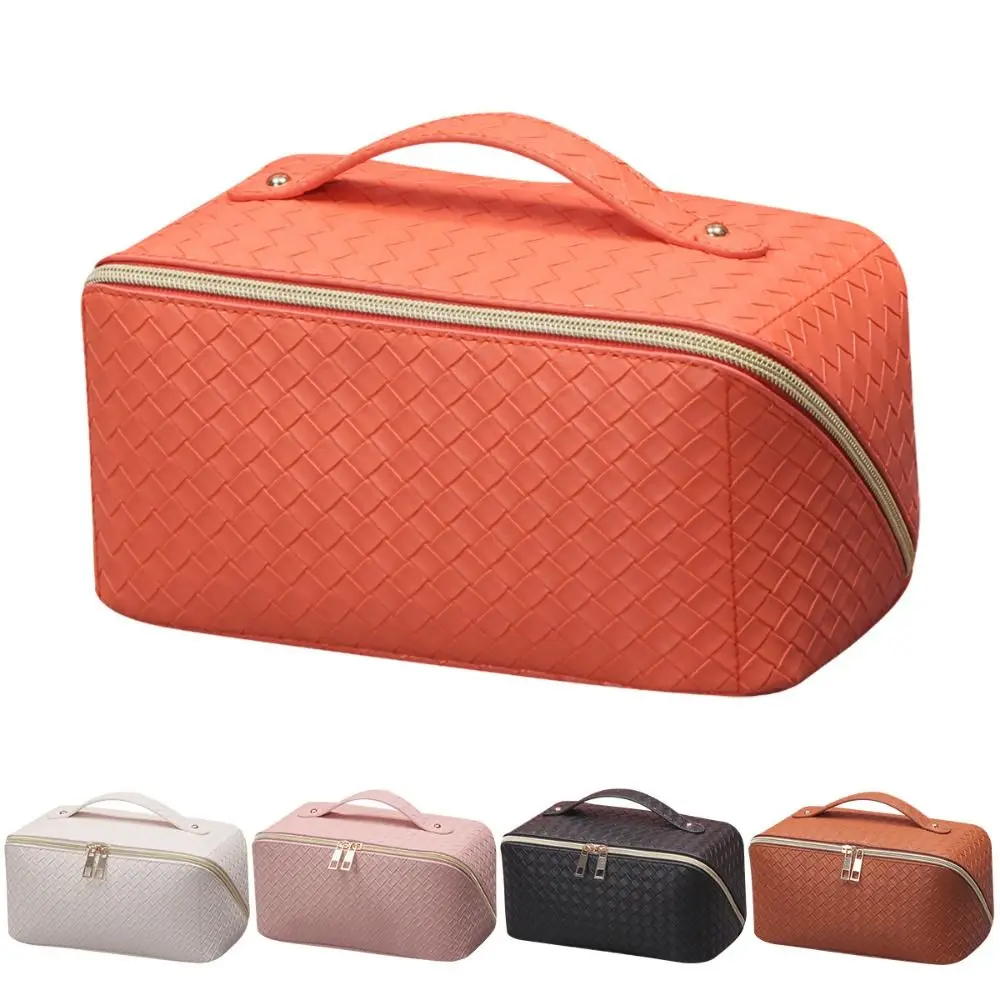 

Easy Access Large Capacity Makeup Bag Plaid Divider Checkered Cosmetic Bag Waterproof PU Leather Flat Lay Organizer Skincare