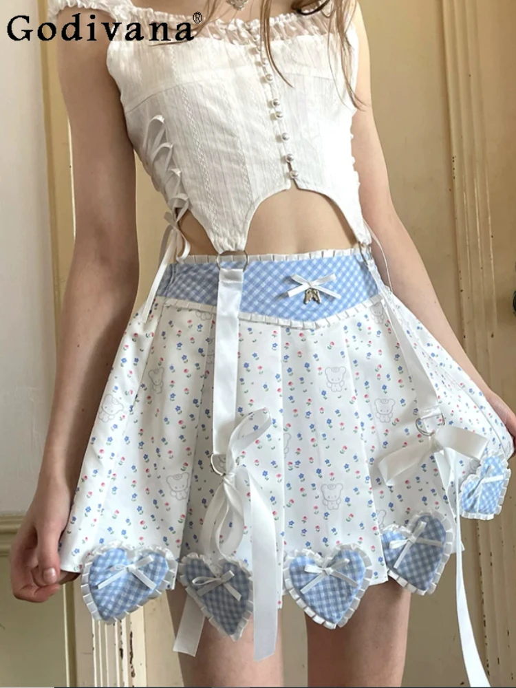 Summer New Fashion High Waist A-line Versatile Age-reducing Printed Skirt Heart Shape Splicing Cute Girl Lace Pleated Skirts