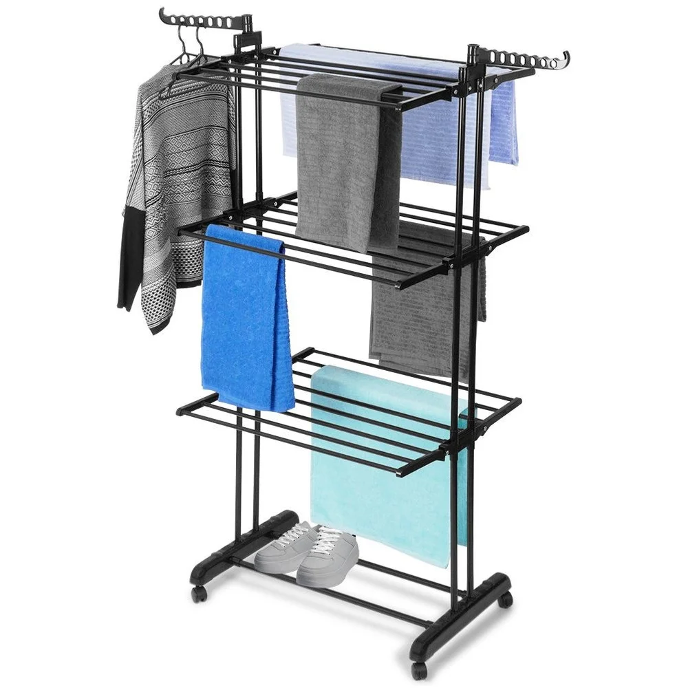Sèche-linge vertical en métal noir sur roues, 125x170 cm