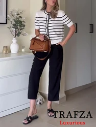 TRAFZA Vintage Casual Chic kadınlar üst çizgili tek göğüslü o-boyun yarım kollu örme üst yeni moda 2024 yaz tatil üst