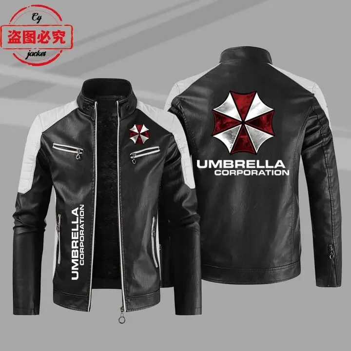 European Size Umbrella Company Logo Printed PU Leather Jacket, Biohazard Punisher Standing Collar Men's Cycling Suit