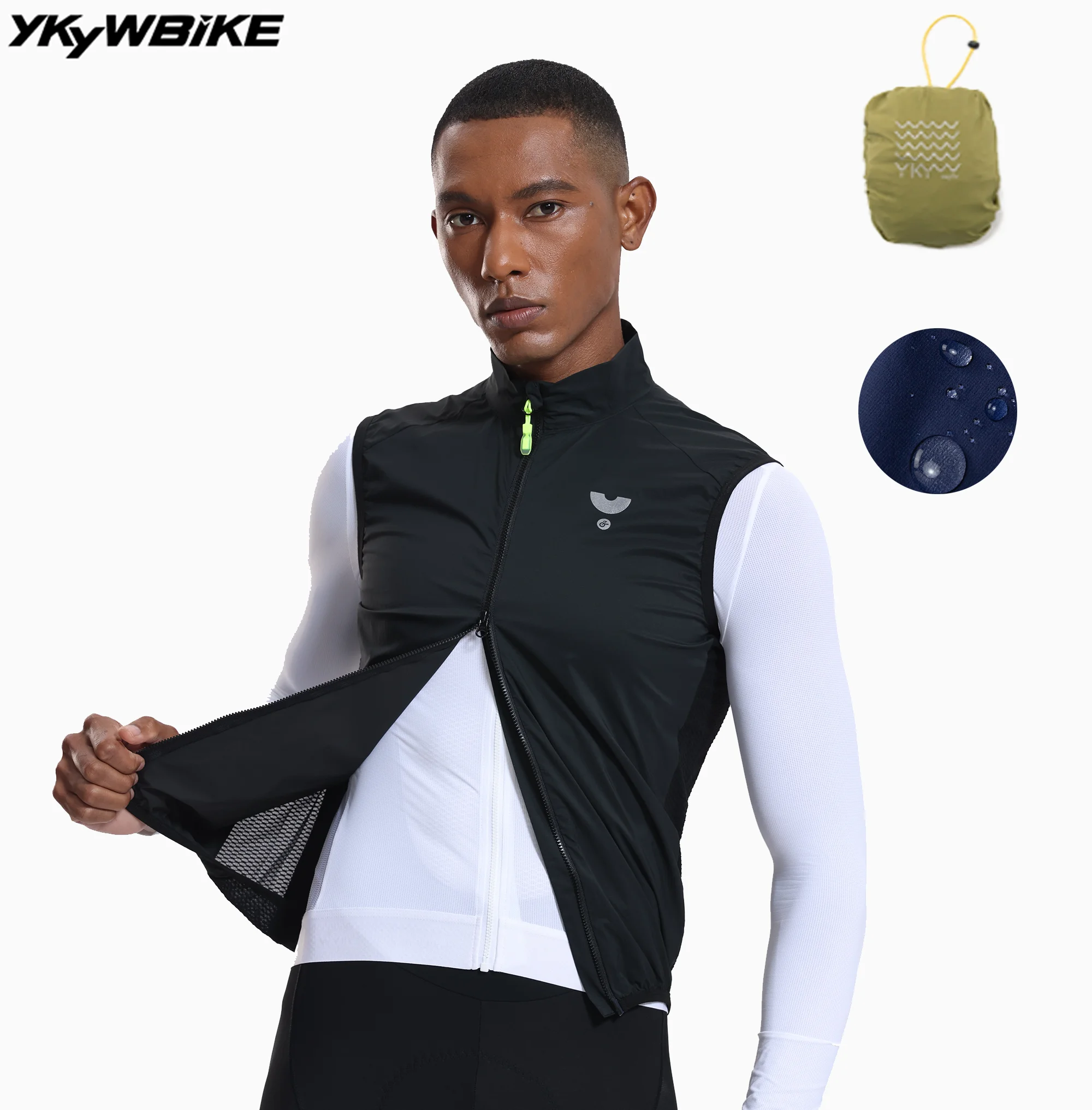 

YKYWBIKE Men Cycling Gilet Windproof Waterproof Pro Team Portable Bicycle Windbreaker Road Bike Vest Double Zipper Breathable