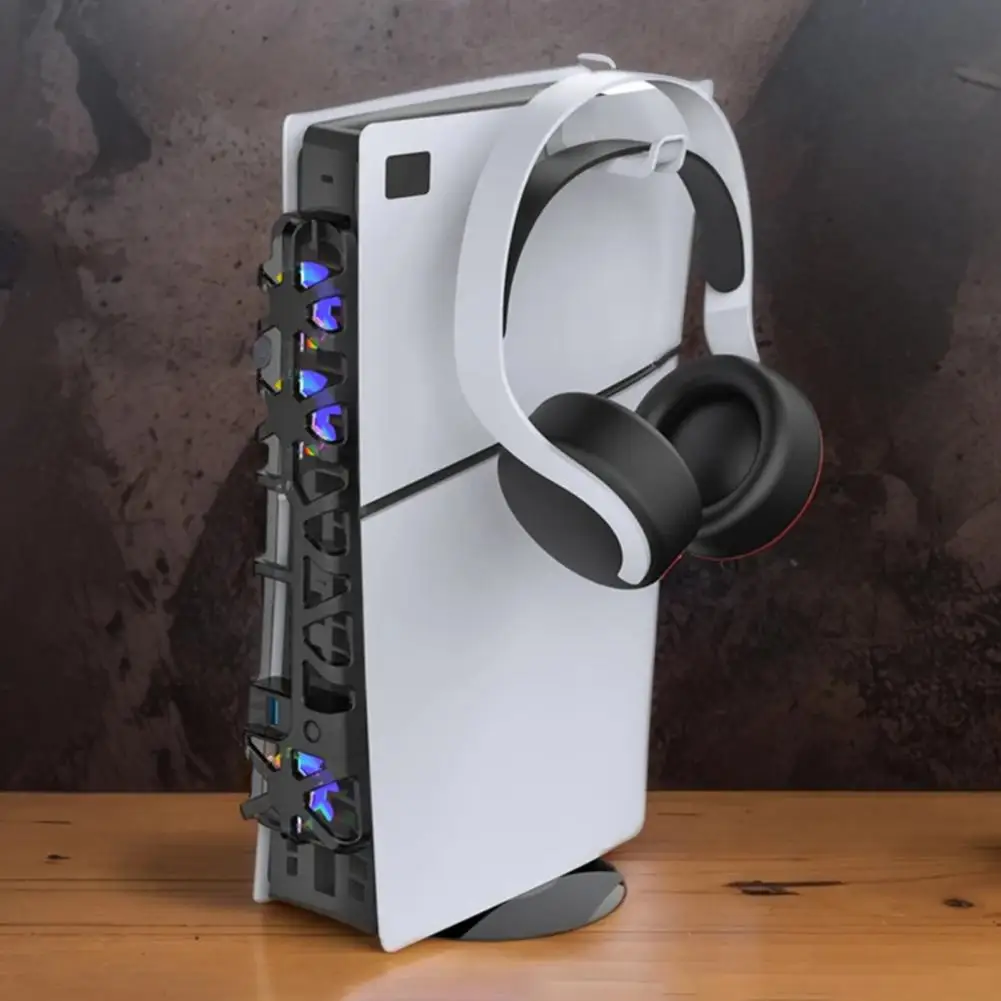 Gaming Setup Organizer Ps5 Slim Vertical Console Stand with Quiet Cooler Fan Headphone Holder Gaming Organizer Low for Gamers