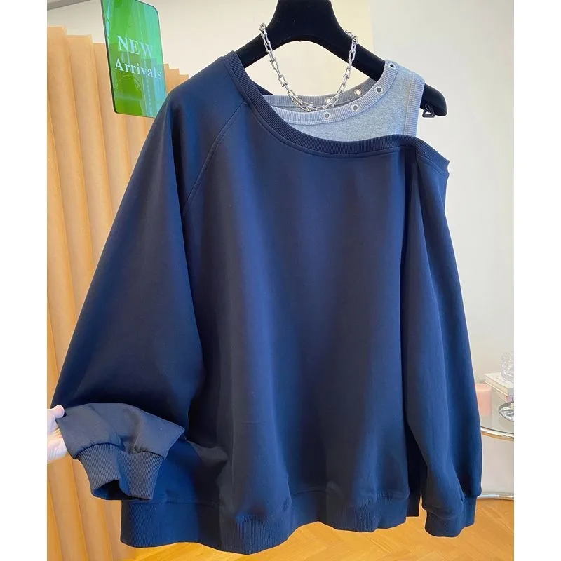 Felpa con cappuccio in tinta unita con spalle scoperte in due pezzi finta semplice e versatile da donna Autunno sciolto in un unico hip-hop in due pezzi finti di grandi dimensioni