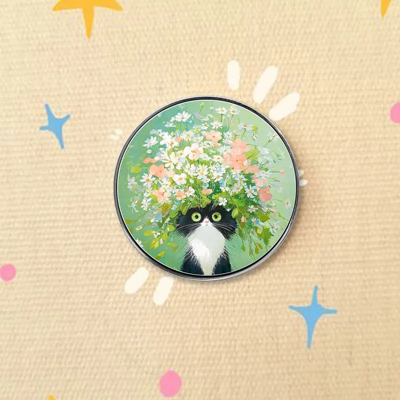 Black White Cat With Blooming Flowers UV Printing Badge Soft Oil Painting Style Pin Floral Illustration Brooch For Friend