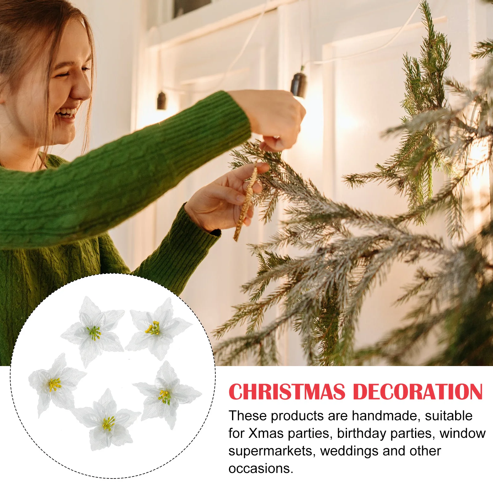 

10pcs Christmas Simulation Artificial Flower Decor For Xmas Wedding Party Decoration Glitter Christmas Tree Adornments Fake