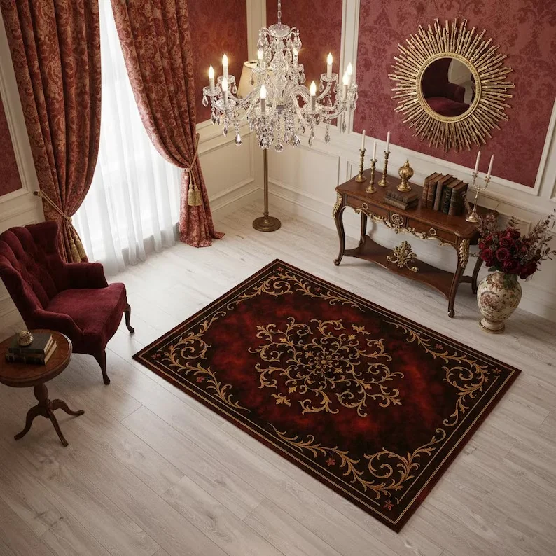 

Emerald Royal Baroque Rug Green Gold Classic Carpet with Ornate Floral Patterns Elegant Luxury Rug for Stylish Vintage Interiors