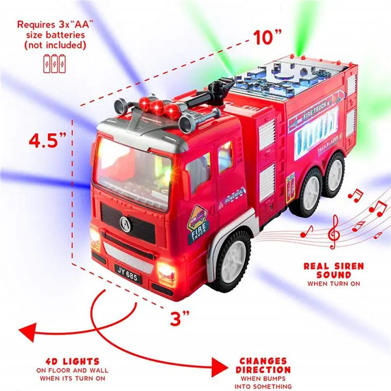 Electric Fire Truck Kids Toy With Bright Flashing 4D Lights & Real Siren Sounds Bump And Go Firetruck Fire Engine Toy For Boys