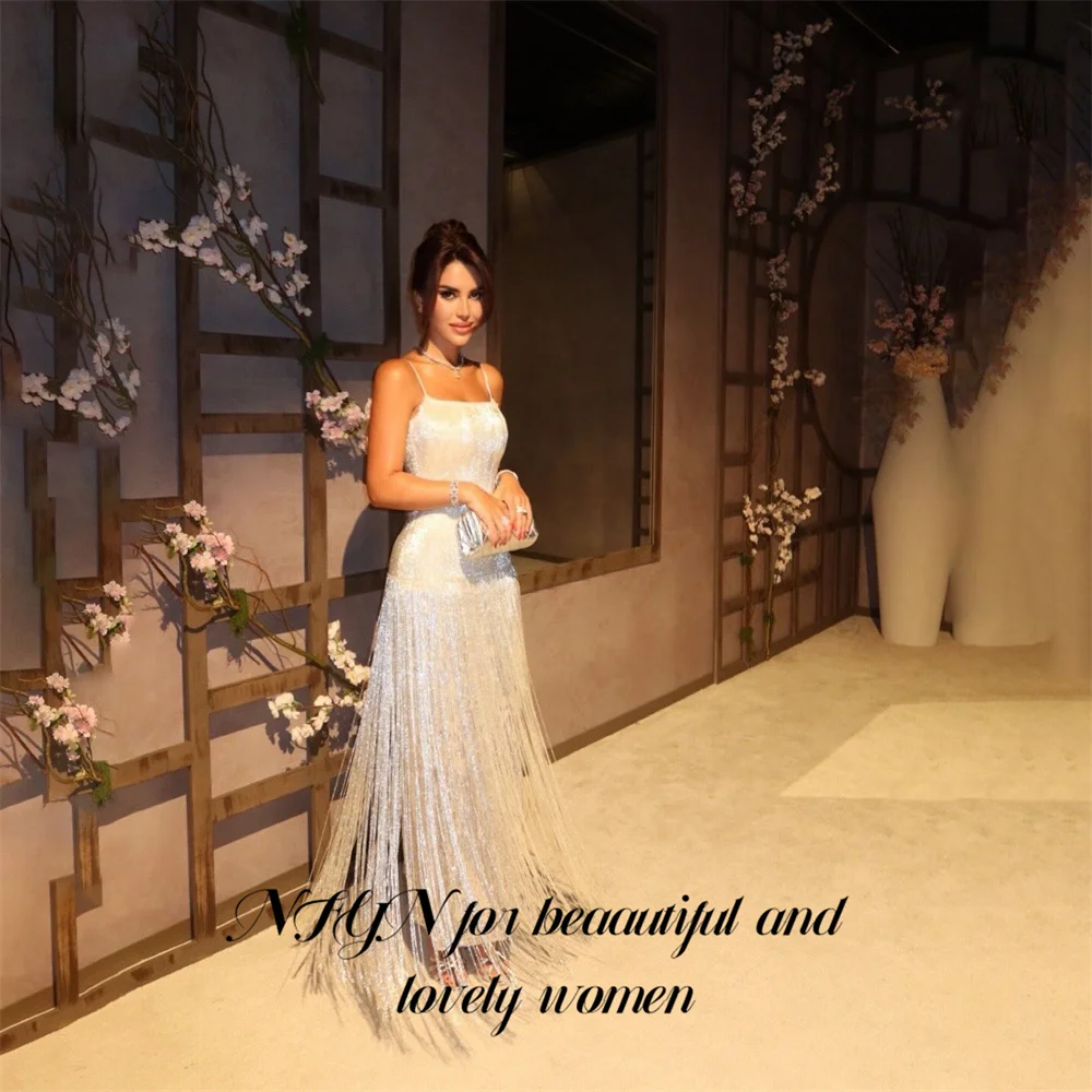 NFYN Sliver Party Dress Spaghetti Strap Sleeveless Evening Dress Glitter Sequin Tassel Prom Gown Straight فساتين سهره Customized