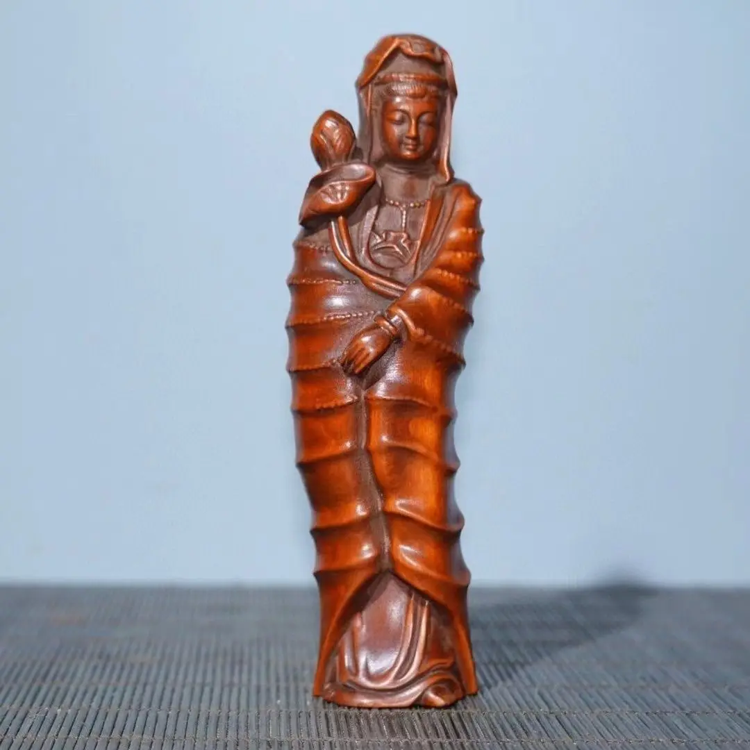 JW44- 10CM  Tall Bodhisattva Guan Yin and Baby Boxwood Sculpture Kuan Yin Buddha Statue Home Decor