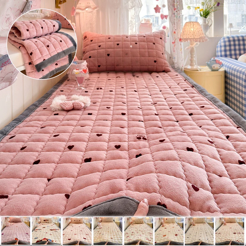 

1pc Winter Warm Plush Fleece Thermal Quilted Mattress Pad Double Bed Non-Slip Topper Thin Foldable Design for Home Use 침대 매트리스