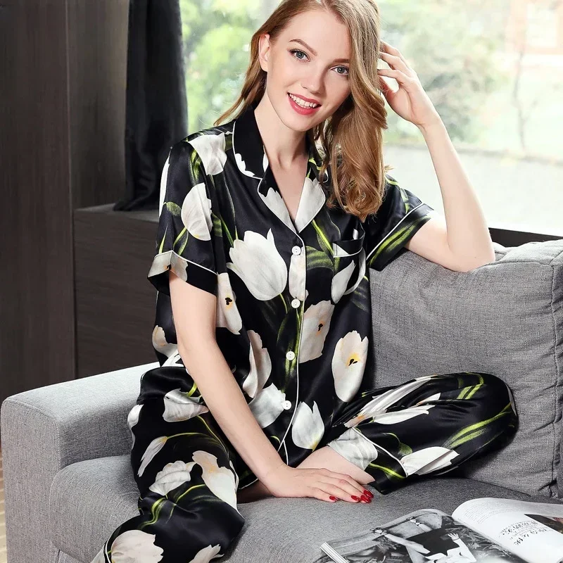 2026 New 100% Mulberry Silk Pajama Set Women Tulip Floral Print Lapel Short Sleeve Long Pants Two Piece Luxury Satin Loungewear