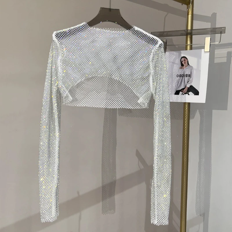 Damen Glänzendes Strass-Netz-Crop-Top Buntes Kristall-Fischnetz Durchsichtige Bluse Sexy Clubwear Halloween Festival Party Cover-Up – Detail 5