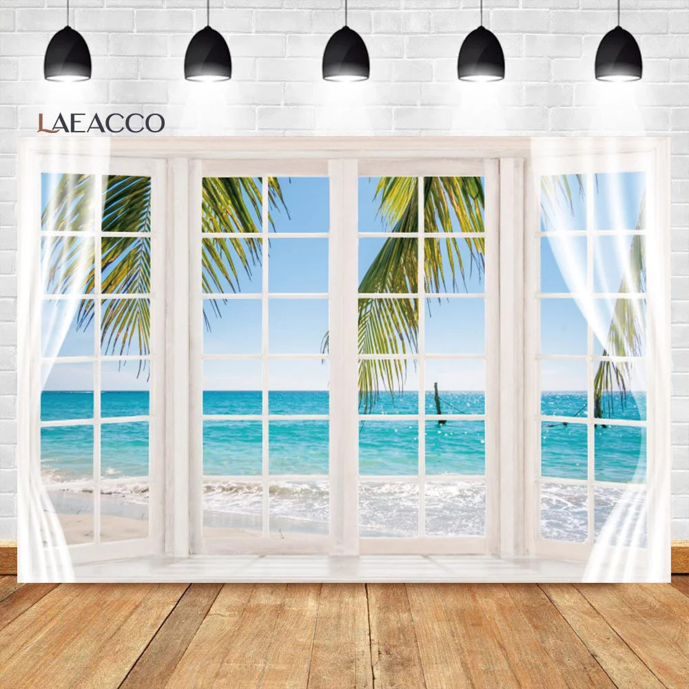 Laeacco Summer Seaside Background Sunny Beach Blue Sky Cruise Tropical Palms Tree Vacation Tourism Portrait Photography Backdrop