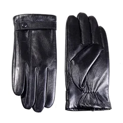 Guantes de piel de cabra de cuero Real para hombres, forro de lana, guantes formales, cálidos, conducción al aire libre, pantalla táctil, Invierno