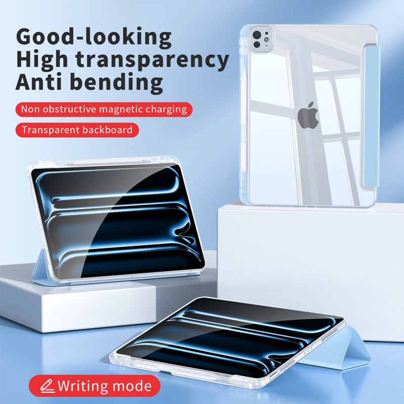 

For iPad Case 10th Gen with Pen Holder Trifold Acrylic Clear Back Hard Cover For iPad 10.2 9.7 Air 5 11 iPad 10 9 11th A16 Case