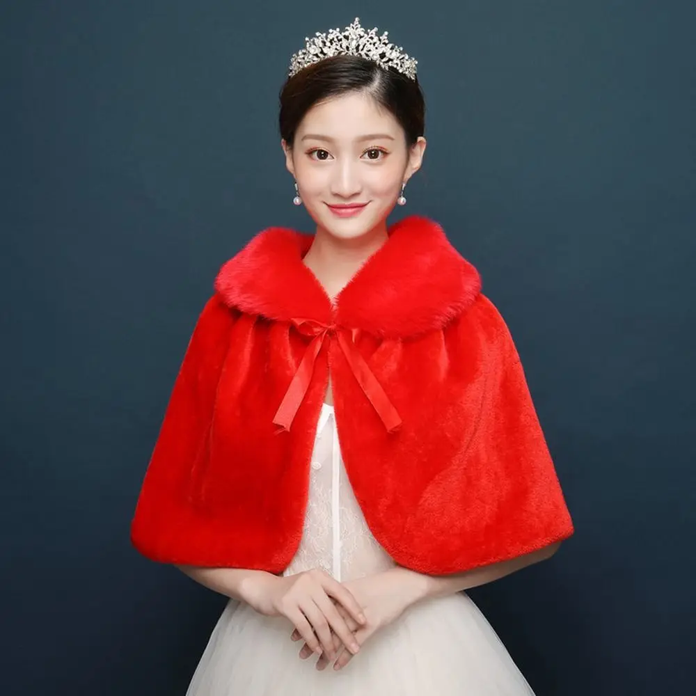 White Womens Winter Thicken Plush Wrap Stole Elbow Length Wedding Bridal Shawl Cape Warm Jacket Shrug with Lace Up Ribbon view 5