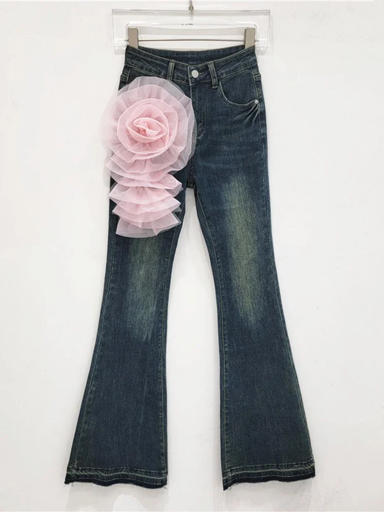 Vintage Trendy Women's Mesh Flower Gradient Design Flare Jeans 2024 Autumn Fashion High Waist Denim Pants Female 29L7906