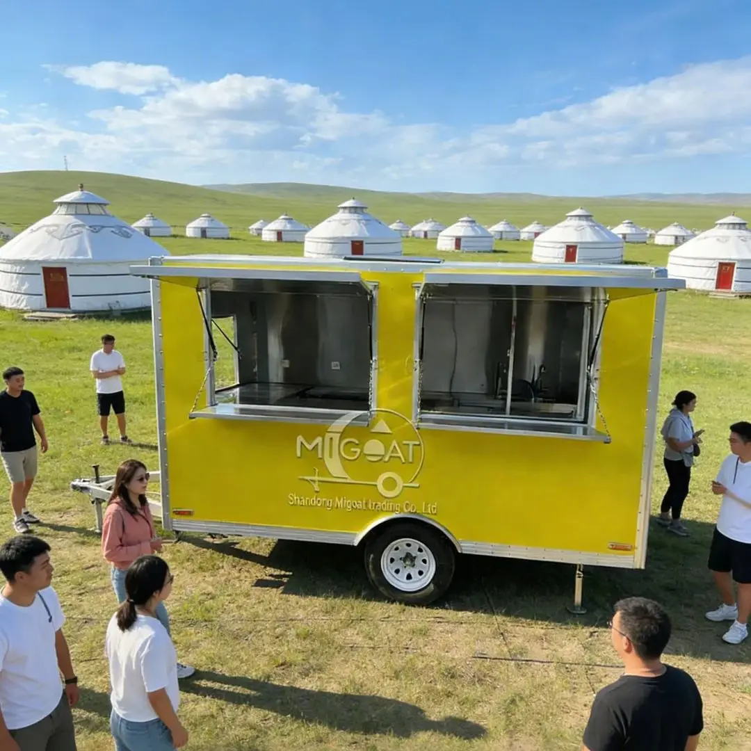 

Yellow Stainless Steel Interior Towed Mobile Food Cart Commercial Snack Truck Catering Selling Trailer