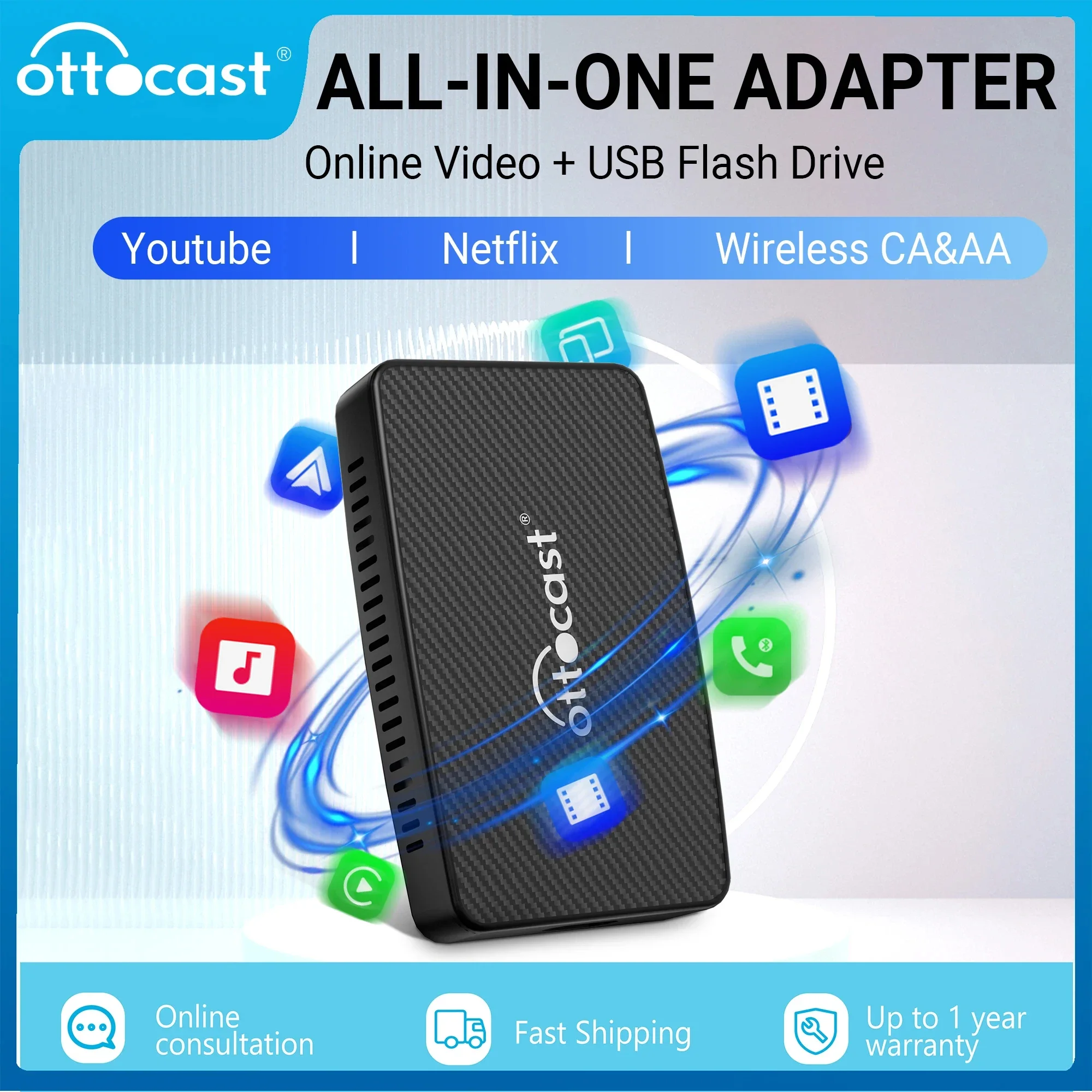 OTTOCAST Play2Video Wireless Android Auto CarPlay Adapter for Youtube Netflix Video Player TV Box Spotify Car Accessories