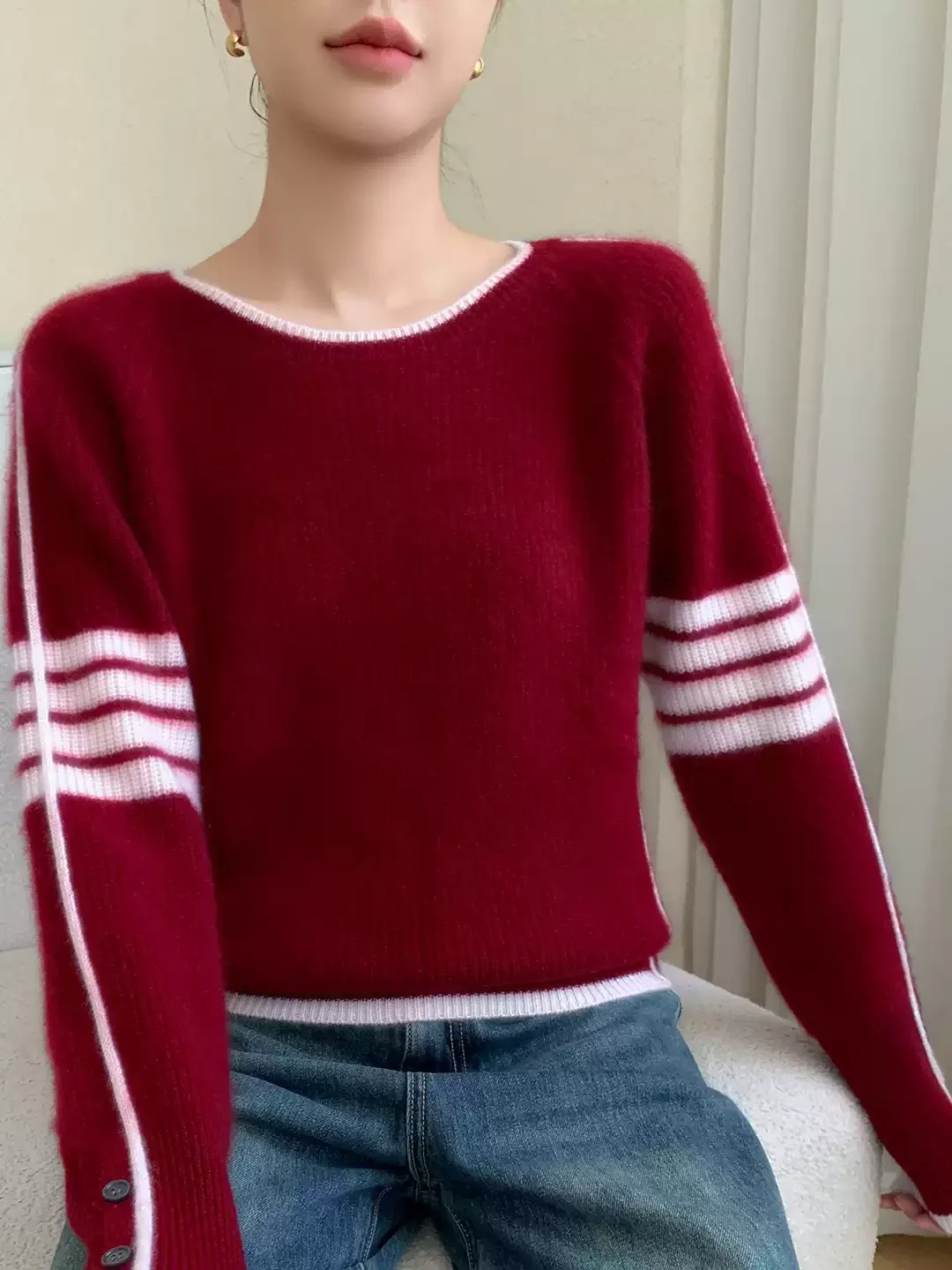 Temperament Goddess Fan Round Neck Cashmere Sweater Women's Loose Thickening Color Matching Knitted Bottom Shirt with Wool Top
