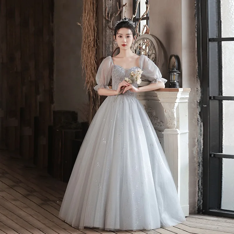 

Silver Grey Off The Shoulder Evening Dress Sequins Tulle Long Banquet Gown Elegant Temperament Women Formal Ball Gowns