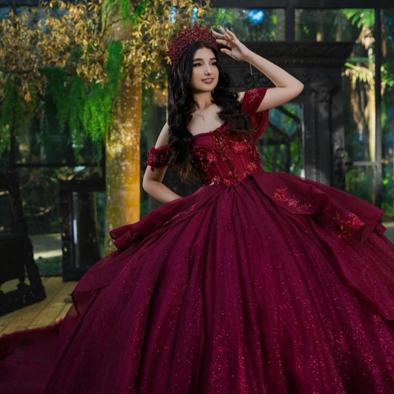 Red Shiny Quinceanera Dresses Ball Gown Off The Shoulder Applique Lace Beads Tiered Tull Corset Party Birthday Sweet 16 Dress
