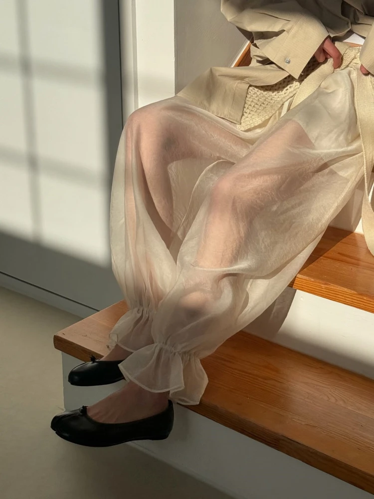 

Cool Summer Japanese Style Pleated See-through Lace Elastic Waist Harlan Pants Versatile High Waist Commute Style Ladies Trou...