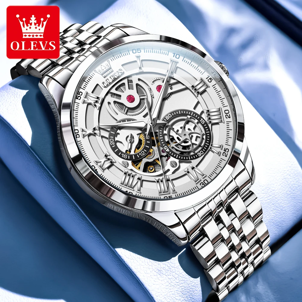 

OLEVS 7076 Механические часы для мужчин Водонепроницаемый скелетон Хронограф Спортивные модные наручные часы Мужские ручные часы