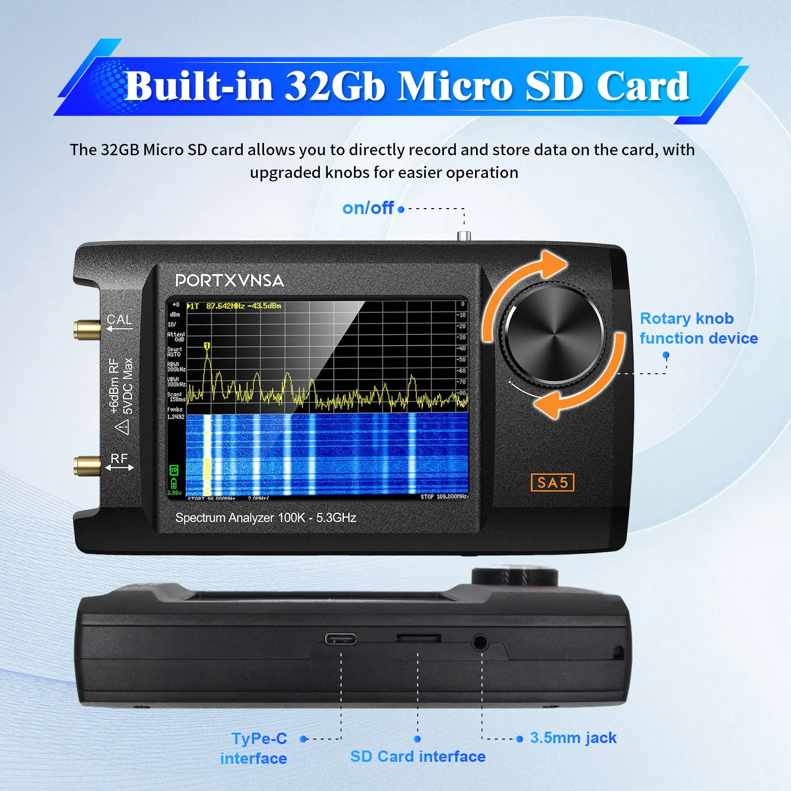 HamGeek SA5 100K-5.3GHz Handheld Spectrum Analyzer Signal Generator w/ 4