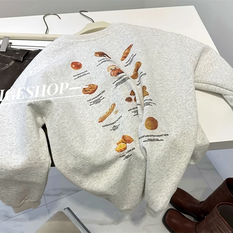 American Cute Cartoon Bread Letter Print Sweatshirt Pure Cotton Hoodie Tops Women Loose Streetwear Casual Autumn Winter Clothes