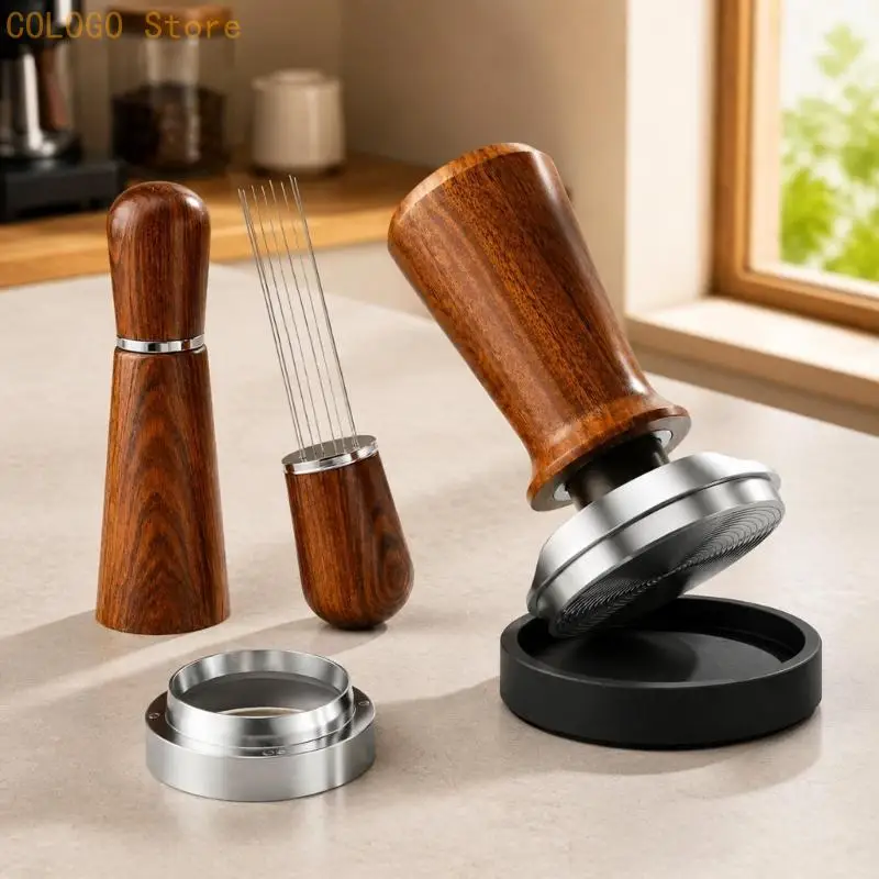 Coffee Tamping Tool Set with Guided Spring Pressing Structure, Wooden Handle, Steel Base, and Included Storage Stand D0LD