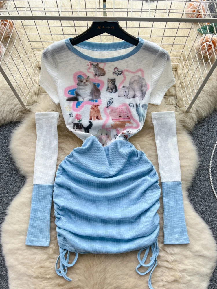 

Y2k Gyaru Style Dress for Women Cartoon Print Contrast Color Draw String OverSleeve Design Dress Female Slim Sweet Clothing 2024