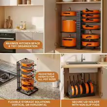 מדף סירים בעל 8 רמות לחיסכון במקום - מחזיק מתכת עמיד למגבות, סירים ומכסיים כדי לשמור על מטבח שלך נקי ומסודר