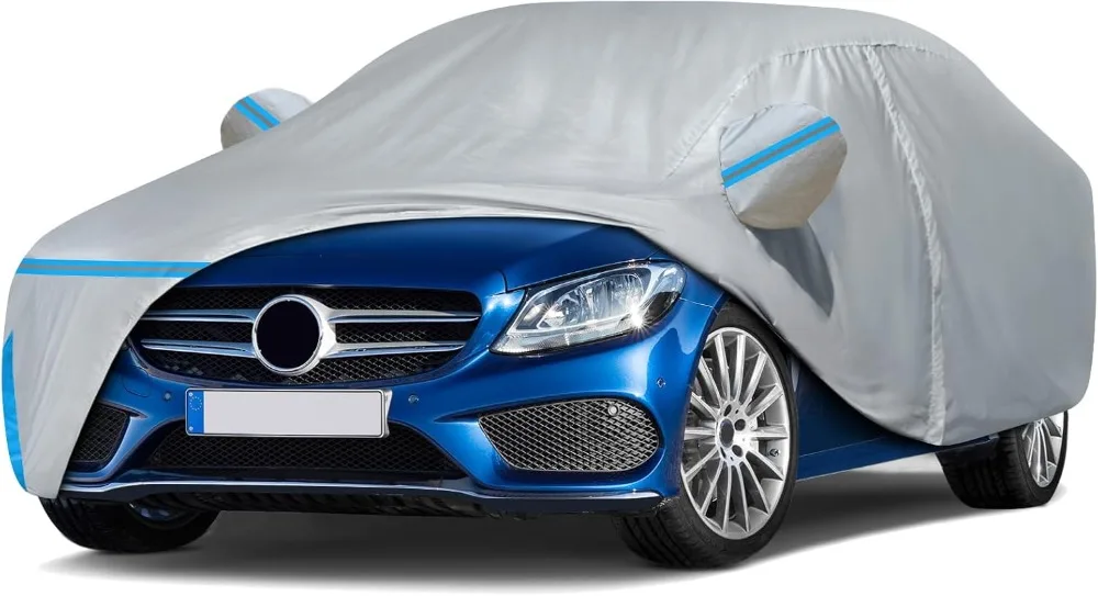غطاء سيارة عالمي مقاوم للماء للحماية من جميع الأحوال الجوية مع أشرطة مقاومة للرياح لسحاب الباب للاستخدام الخارجي لمركبات السيدان