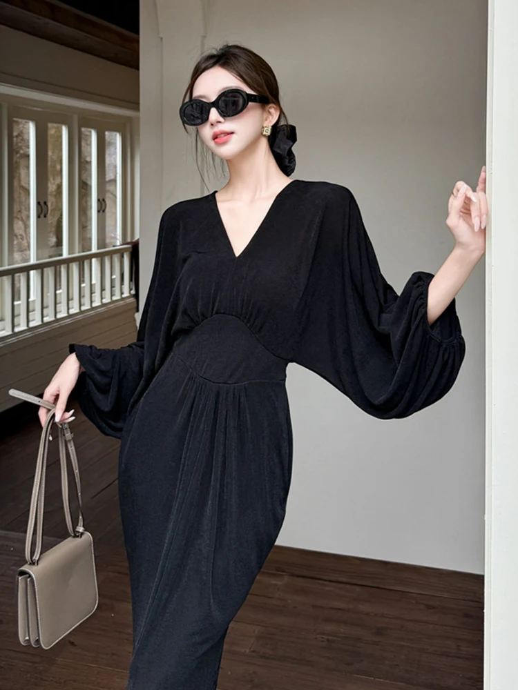 Ropa de mujer, Vestido largo ajustado con manga de murciélago negro y cuello en V, ropa de calle Retro elegante a la moda, Vestido informal para fiesta y graduación, Vestido de mujer