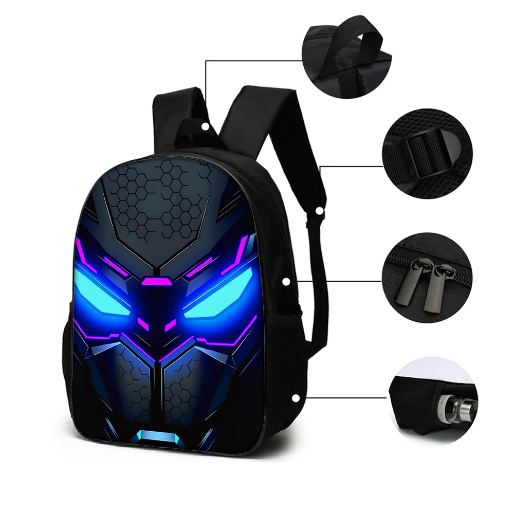 Robot pattern backpack strap and zipper detail