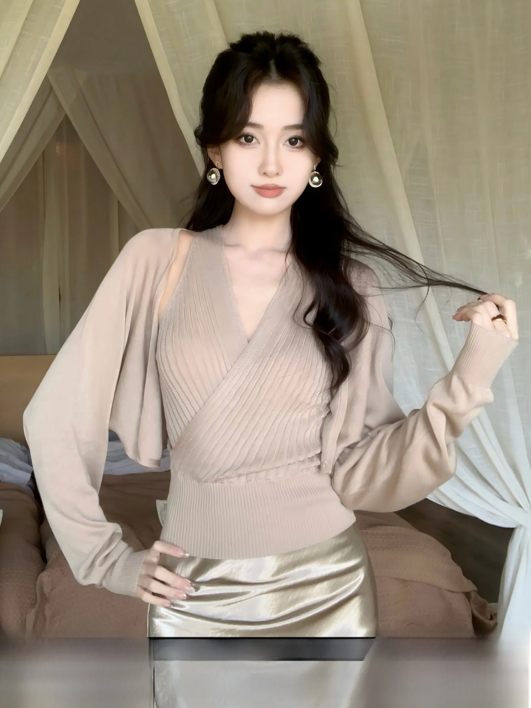 

Syt Simple Design Long Sleeve V-Neck Knitted Vest Cardigan Women's Slim Fit Fashion Set Top High Elasticity Short Style