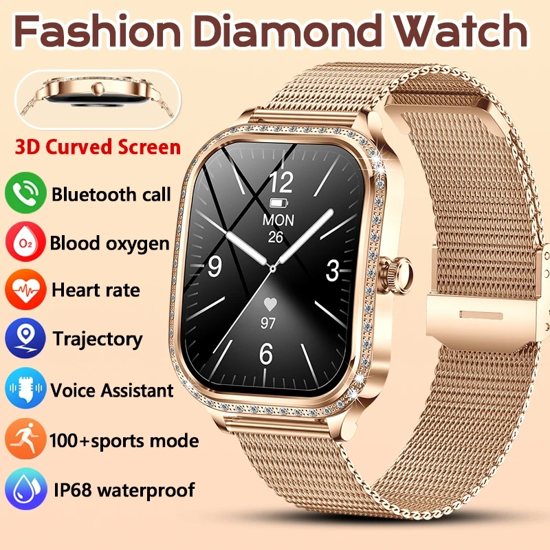 

Новые умные часы Bluetooth для женщин с настраиваемыми циферблатами, корпусом с бриллиантами, мониторингом здоровья, изогнутым дисплеем 1,75 дюйма, модные смарт-часы