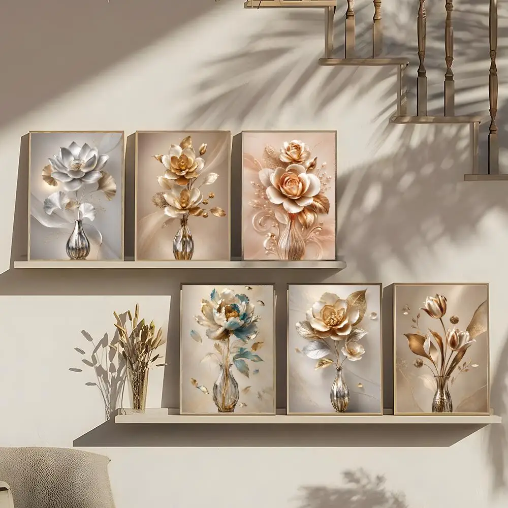Golden Petal Vase Painting Calligraphy Minimalist Canvas Wall Art, Waterproof Fade-proof Gallery Decor For Living Room