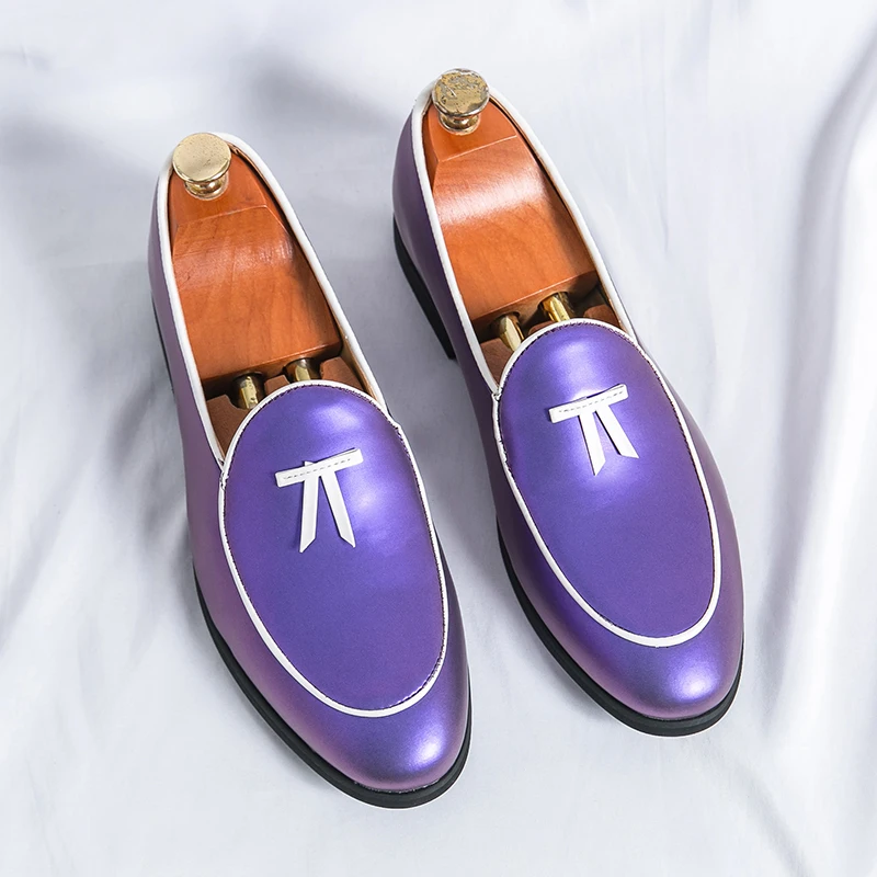 

HKDQ Trend Purple Men's Leather Loafers Business Casual Formal Shoes For Men Comfortable Lightweight Party Shoes Men Big Size 46