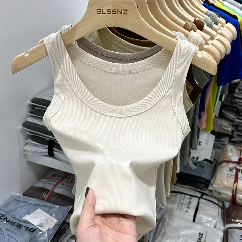 

Pop Summer Solid Color Basic Ribbed Knited Tank Top Women Vintage Sleeveless Camis Girls Streetwear Soft Tees