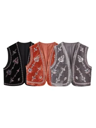 KAOPU ZA Women's Vintage beaded embroidered velvet vest top Jacket Women's casual spring vest coat