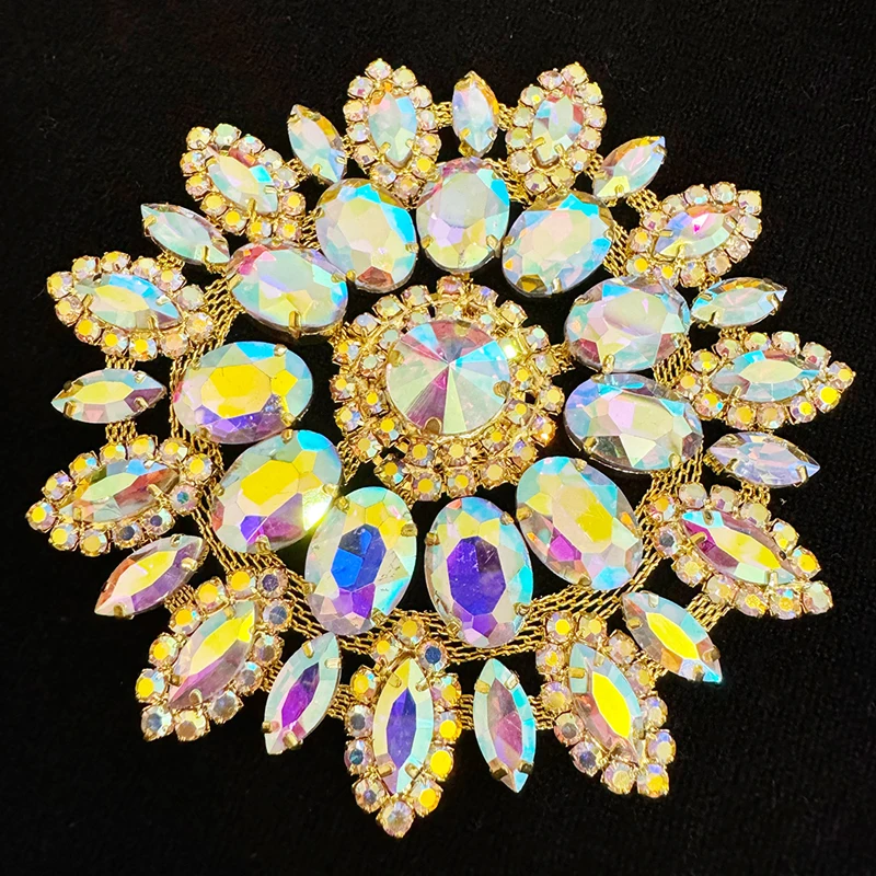 

Top Crystal Glass Sewing Rhinestones Flower, 11cm Round AB Color Gold Base Rhinestone, Diy/Wedding Dresses/Clothing Accessory