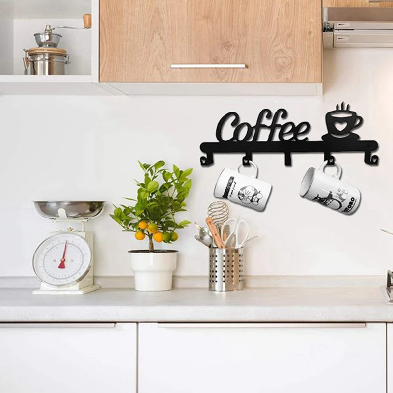 Suporte de caneca de café montado na parede (5 ganchos), sinal de decoração de cozinha ou bar de café, para exibição e organizador de cabides de caneca de café