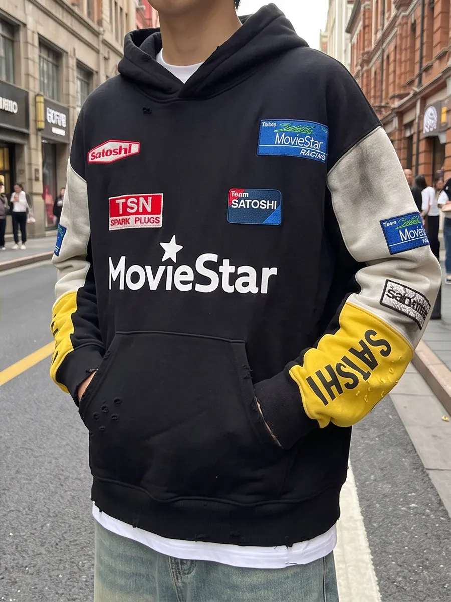 Yao Fashion Satoshi Heavy Sweatshirts Hip Hop Black Movie Star Tops Print Destroy Washing Streetwear New Vintage Hoodies for Men