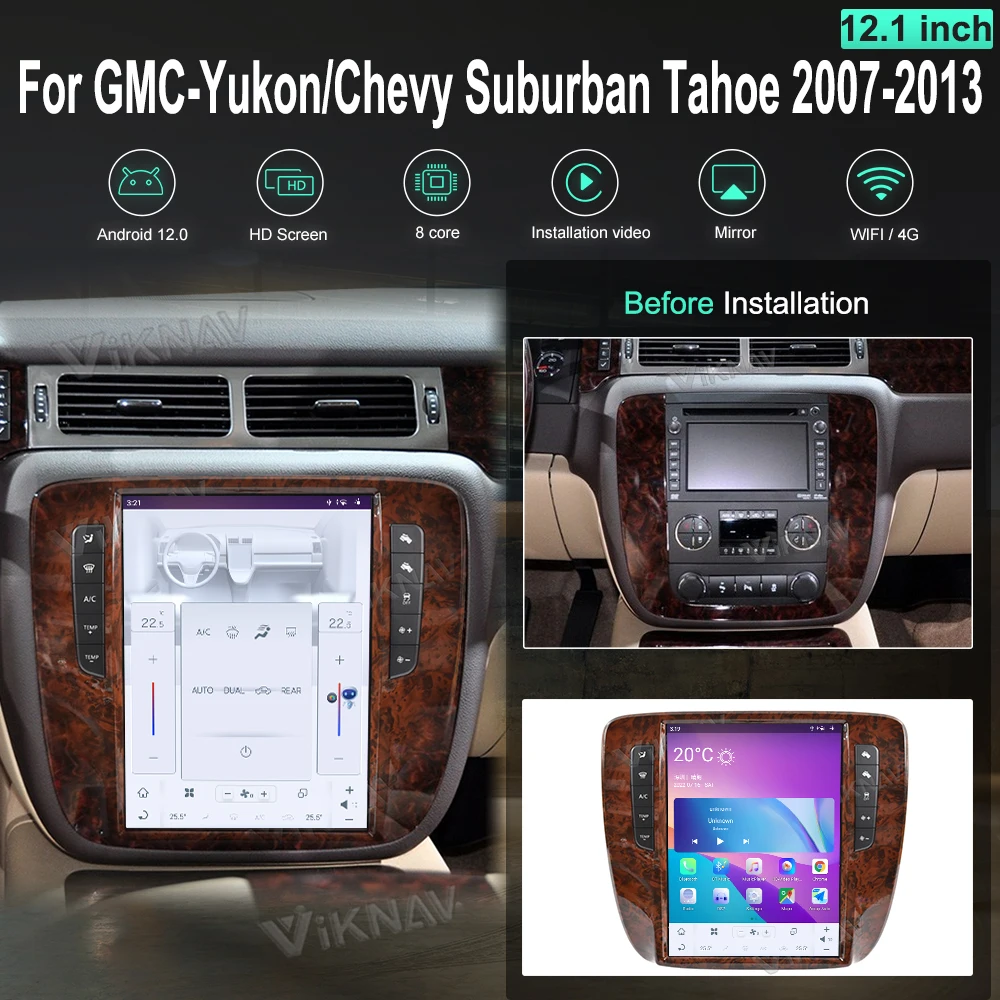 Android Multimedia Player Head Unit Car Radio For GMC-Yukon/Chevy Suburban Tahoe Auto AC 2007 2008-2013 12.1 Inch Touch Screen