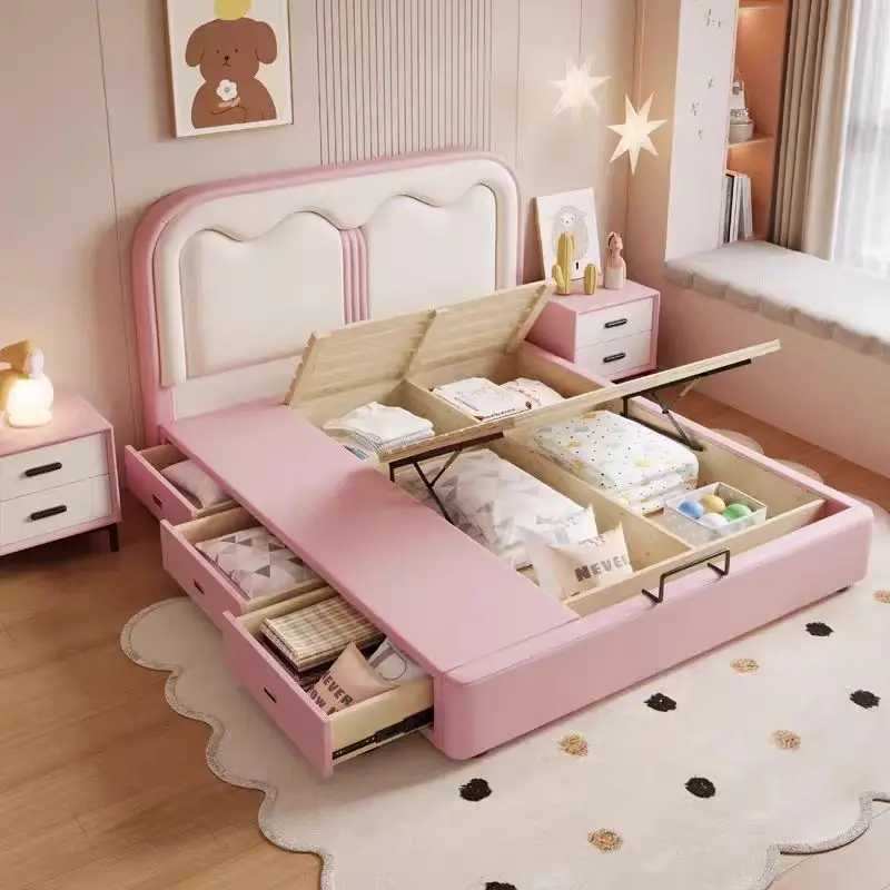 

！@Simple Leather Soft Bed king Size Double Bed Home Hotel Apartment Furniture Kids Pink or Blue Leather Bed With Storage