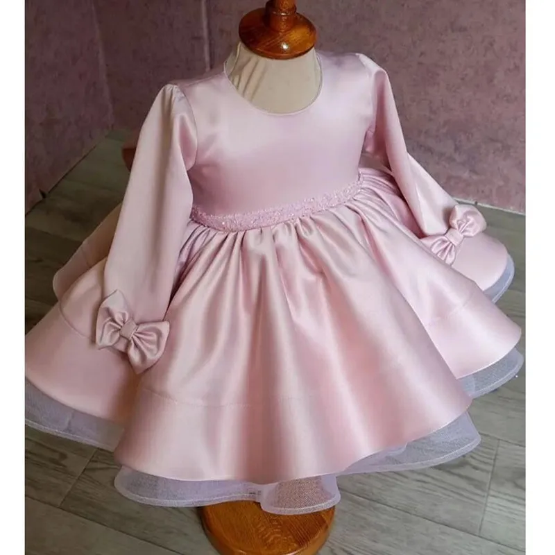 

New Autumn Girls Long Sleeve Pink Princess Ball Children Cute Bow Design BIrthday Party Wedding Dress g118