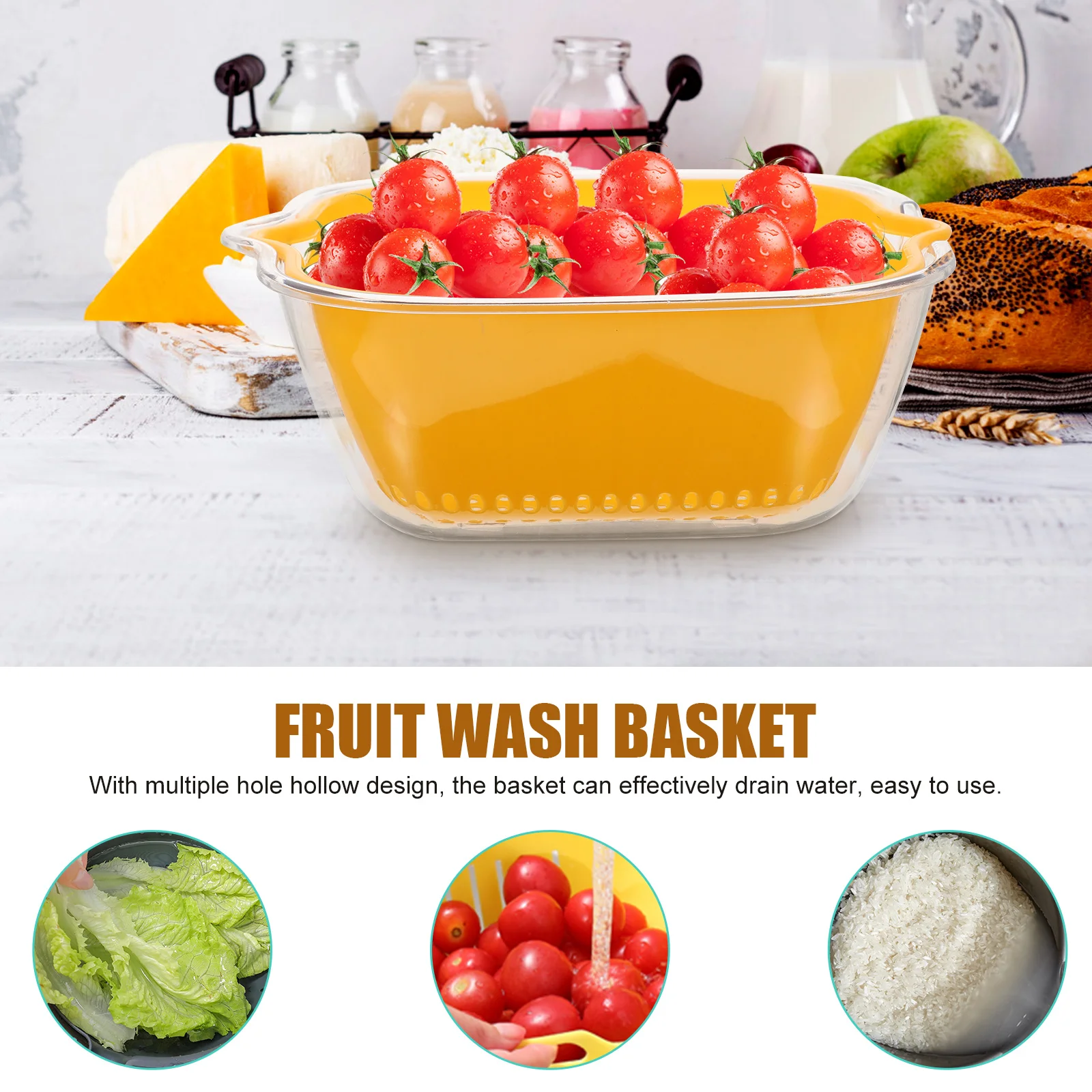 

Colanders Drain Basket Vegetables Bowl with Strainer Food Washing Yellow The
